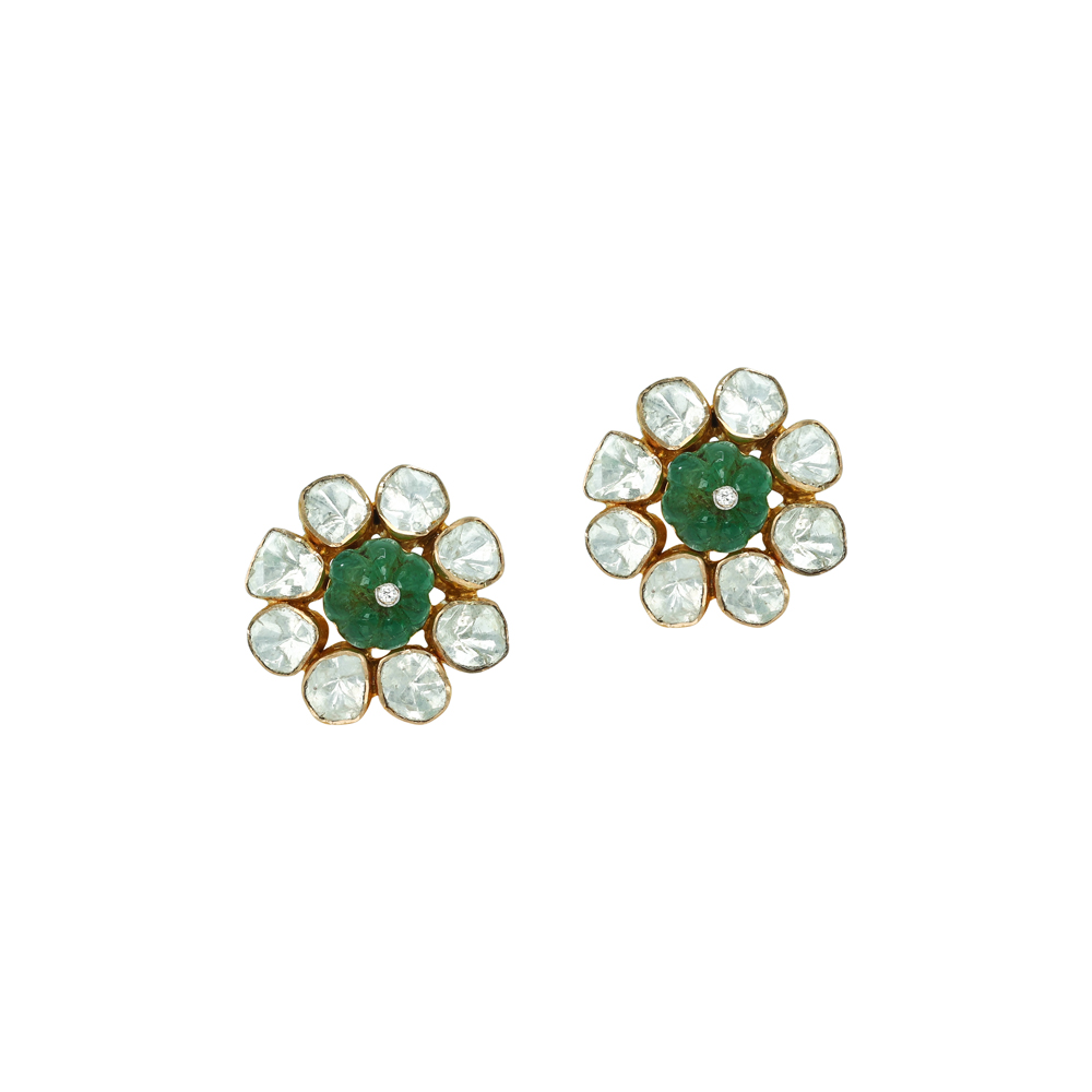 Polki Stud Earrings with Carved Emeralds
